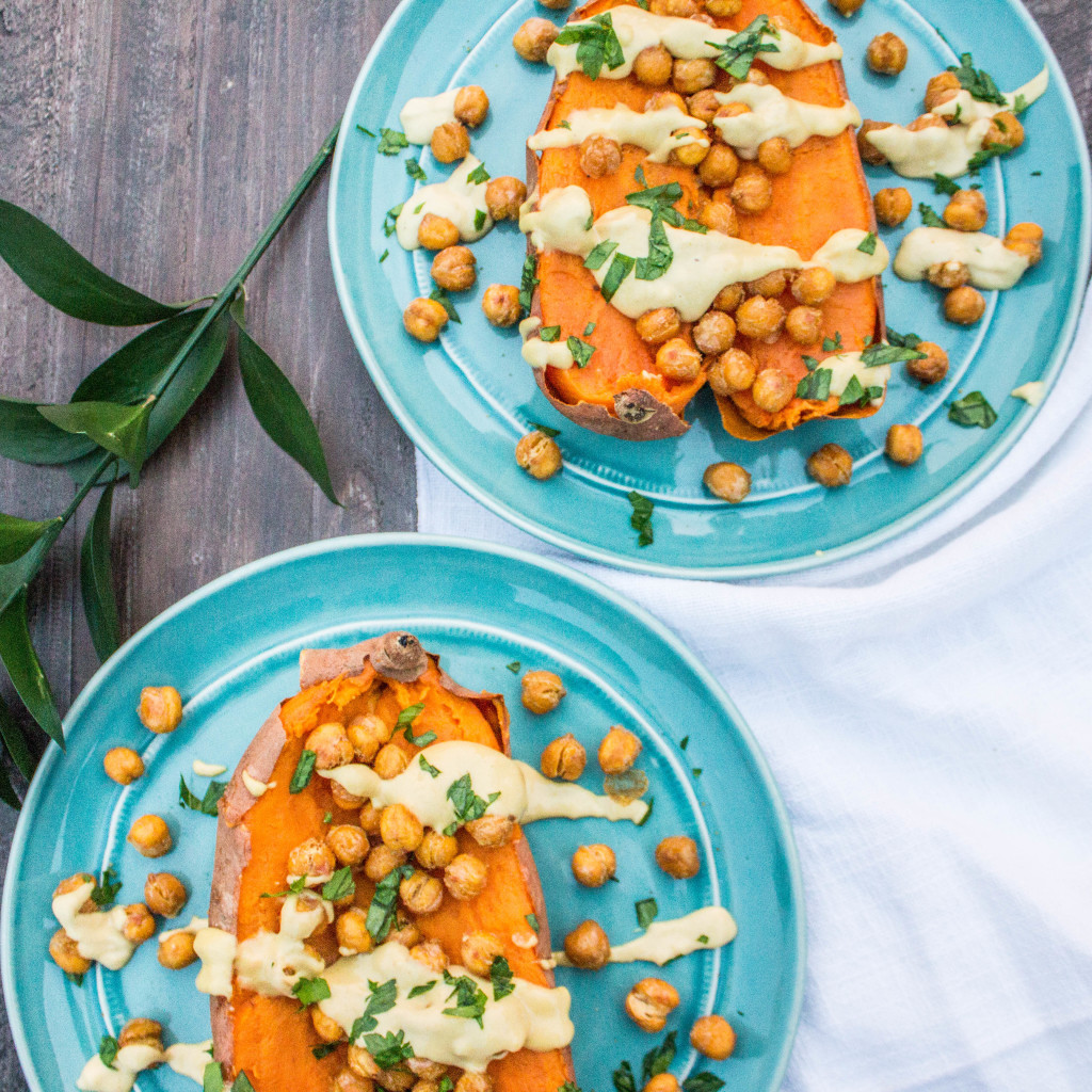 Roasted Chickpea Stuffed Sweet Potatoes with Creamy Tahini Sauce