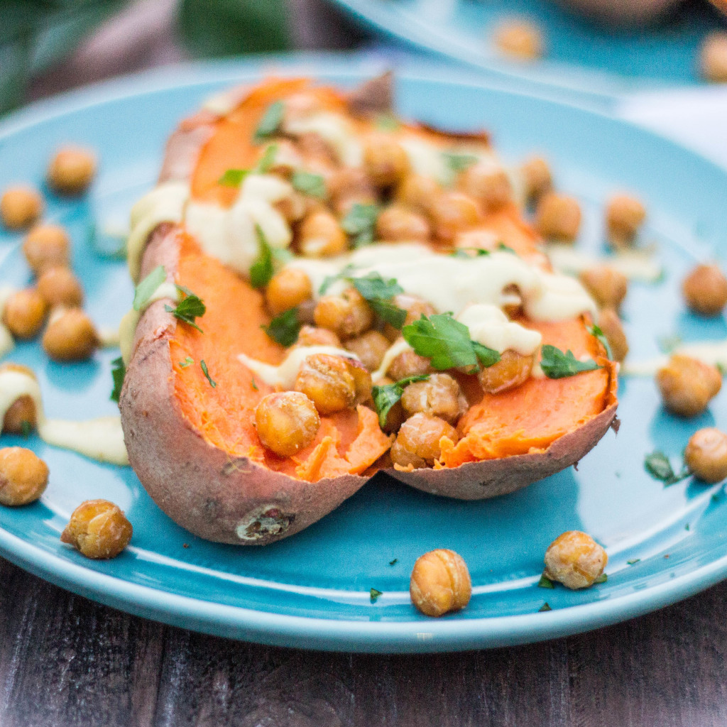 Roasted Chickpea Stuffed Sweet Potatoes with Creamy Tahini Sauce