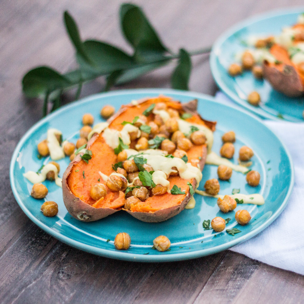 Roasted Chickpea Stuffed Sweet Potatoes with Creamy Tahini Sauce