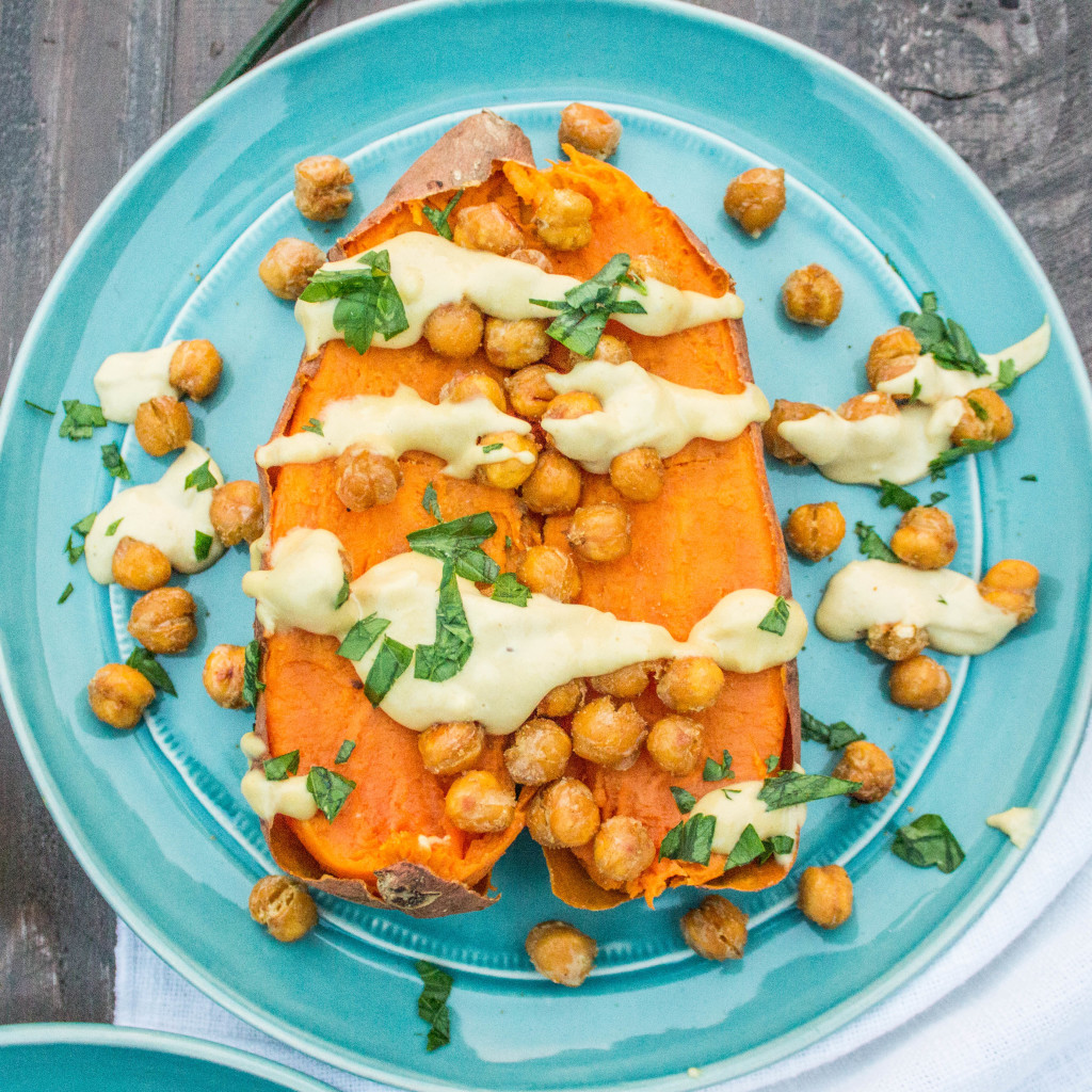 Roasted Chickpea Stuffed Sweet Potatoes with Creamy Tahini Sauce